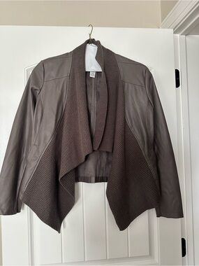 Bar III Brown Leather & Knit Draped Bomber Jacket